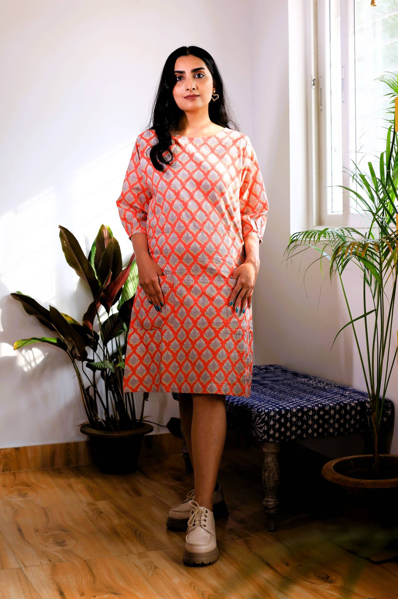 Peach Whisper Handblock Cotton Shift Dress