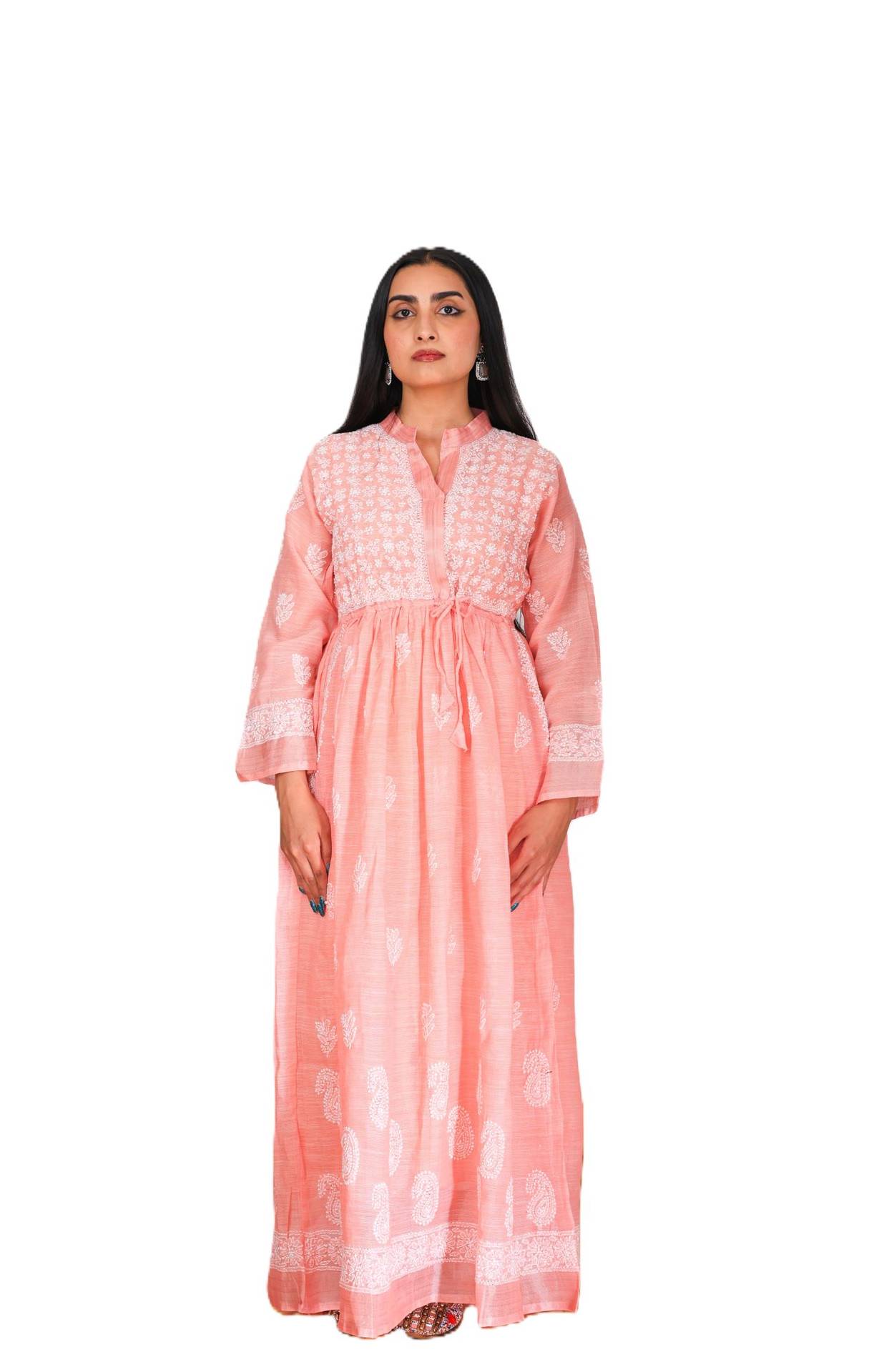 Peach Whispers Chikankari Jute Cotton Gown