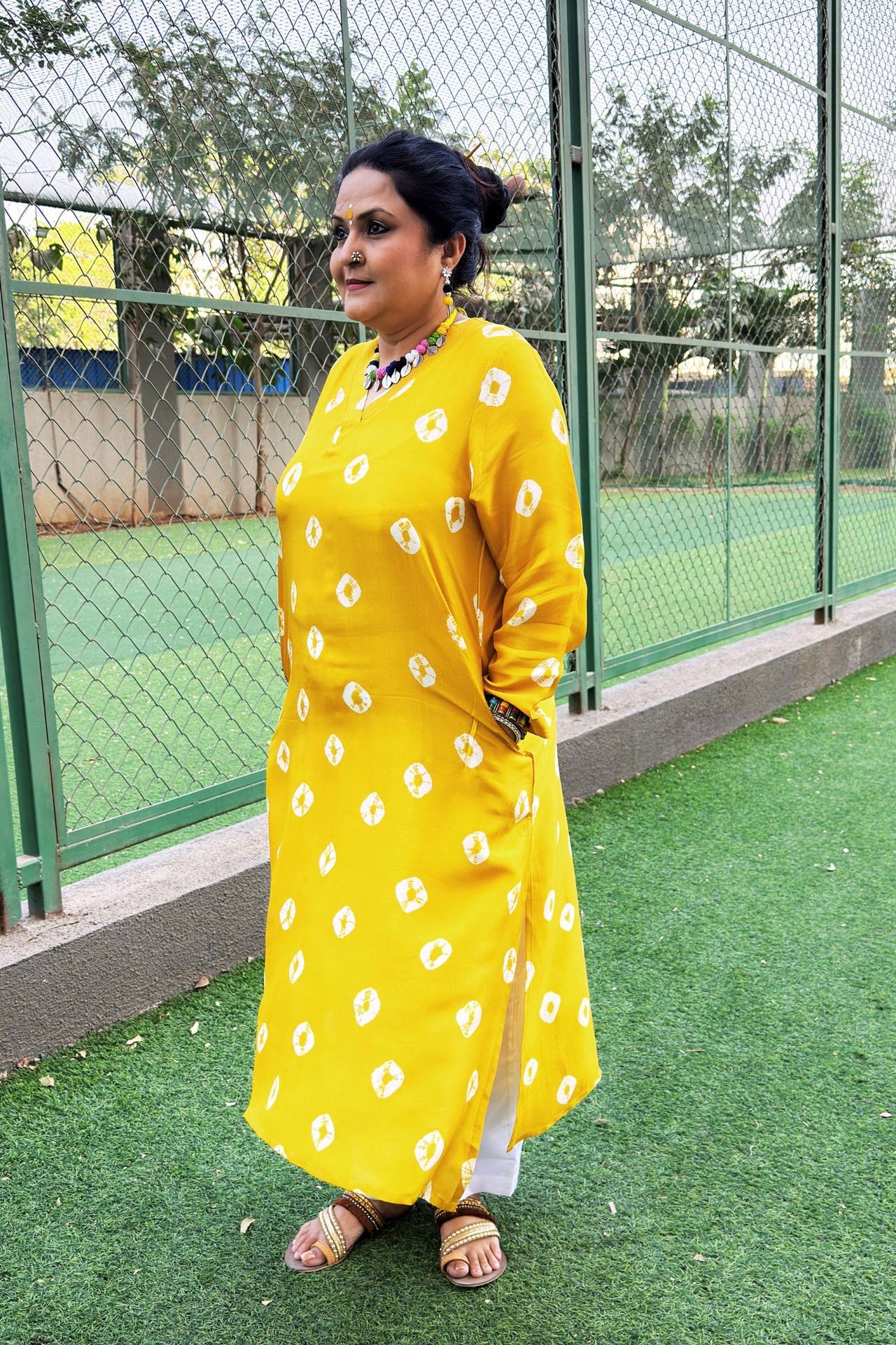 Dark Yellow Bandhej Silk Kurta - Shopdibz