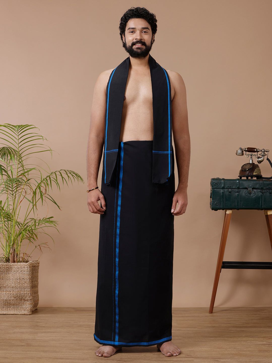 Men Cotton Blend Single Layer Black Dhoti & Towel Set With Blue Big Border