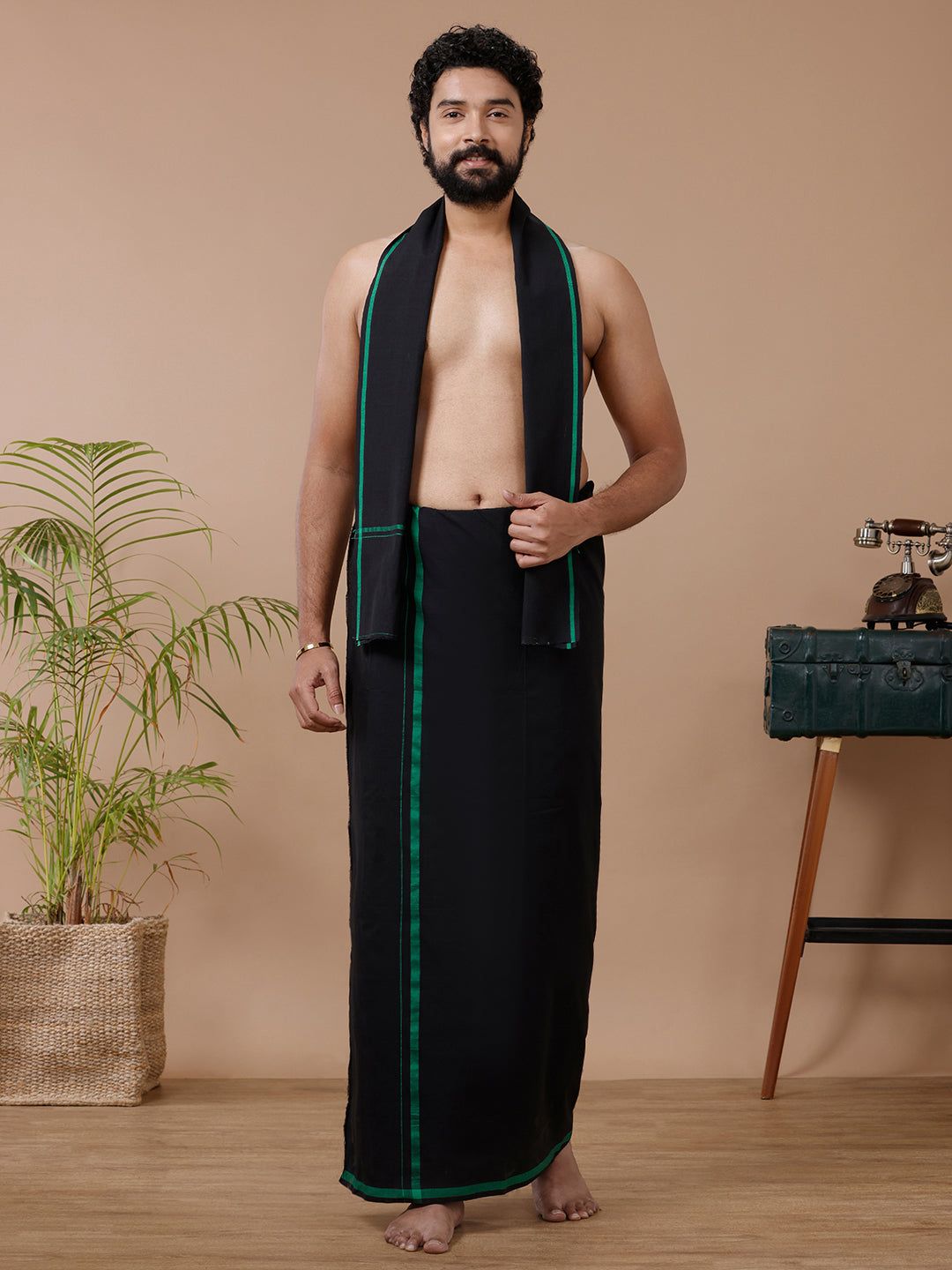 Men Cotton Blend Single Layer Black Dhoti & Towel Set With Green Big Border