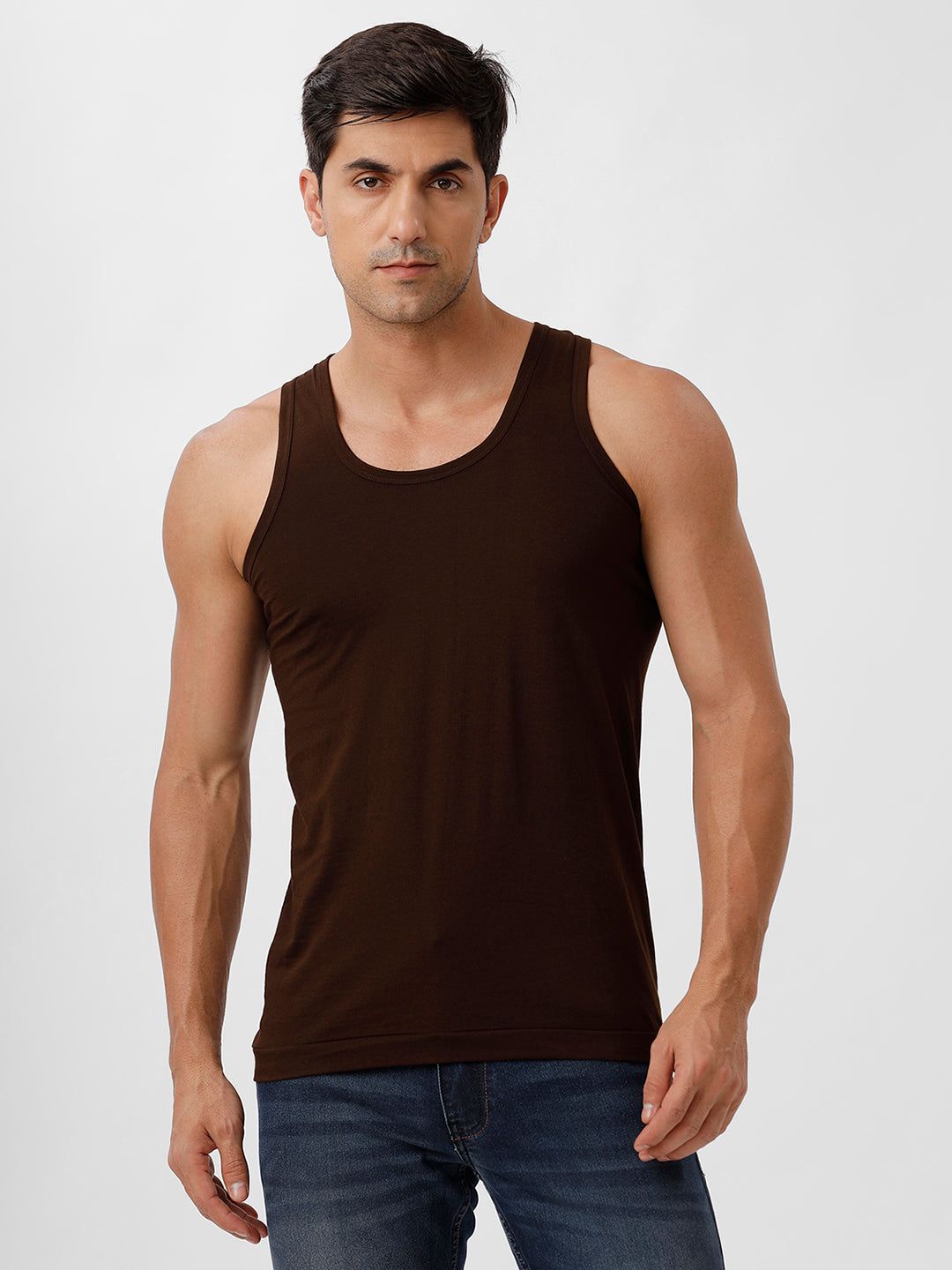 Men 100% Combed Cotton Brown Vest Rn Sukra (PACK Of 2)