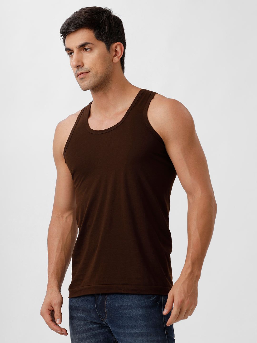 Men 100% Combed Cotton Brown Vest Rn Sukra (PACK Of 2) image 3