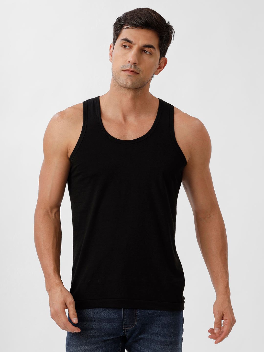 Men 100% Combed Cotton Black Vest Rn Sukra (PACK Of 2)