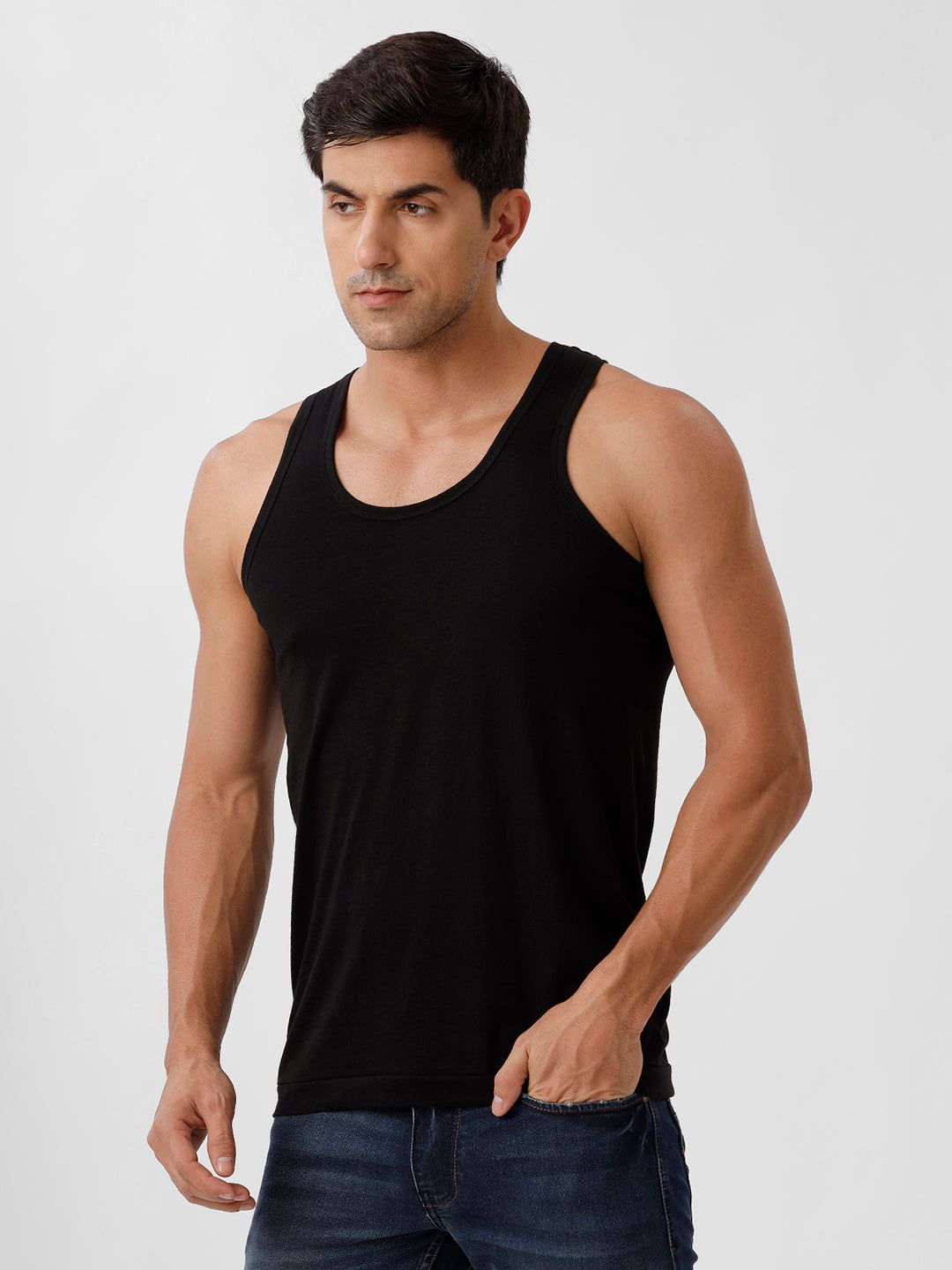 Men 100% Combed Cotton Black Vest Rn Sukra (PACK Of 2) image 3