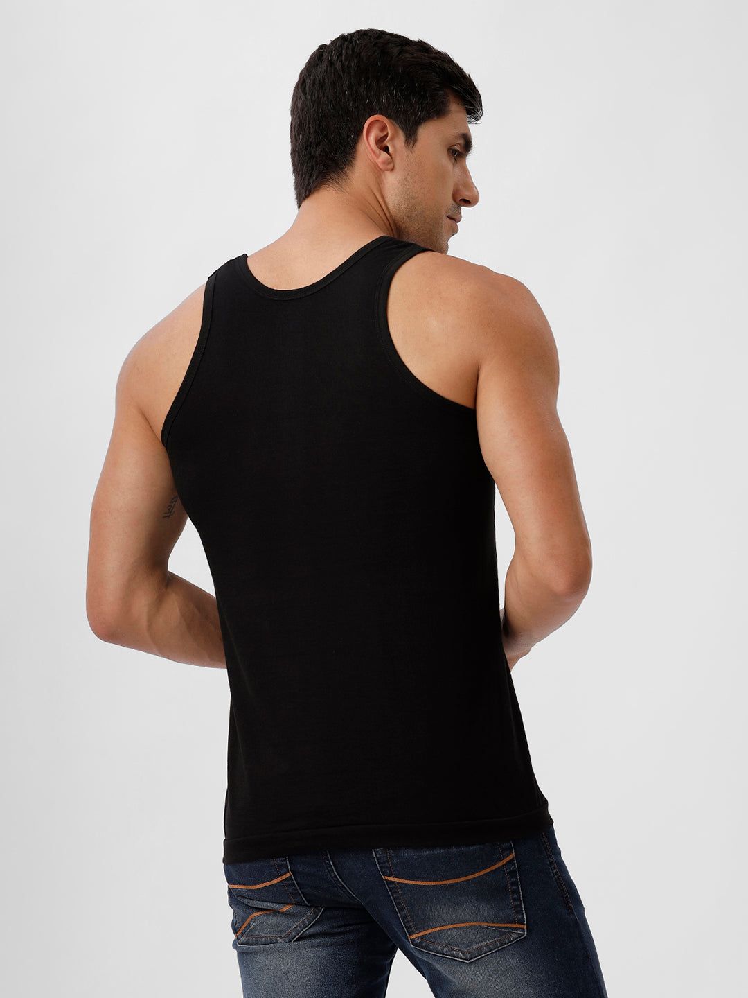Men 100% Combed Cotton Black Vest Rn Sukra (PACK Of 2) image 5
