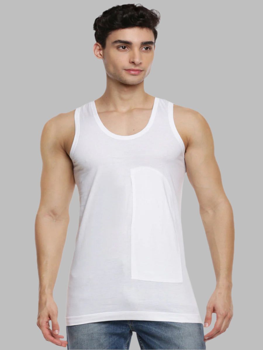 Men 100% Combed Cotton White Pocket Vest Rn Sukra (PACK Of 2)