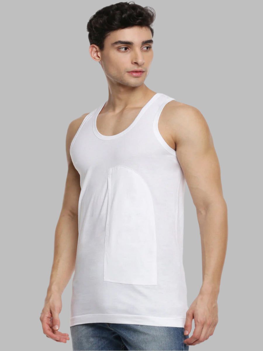Men 100% Combed Cotton White Pocket Vest Rn Sukra (PACK Of 2) image 2