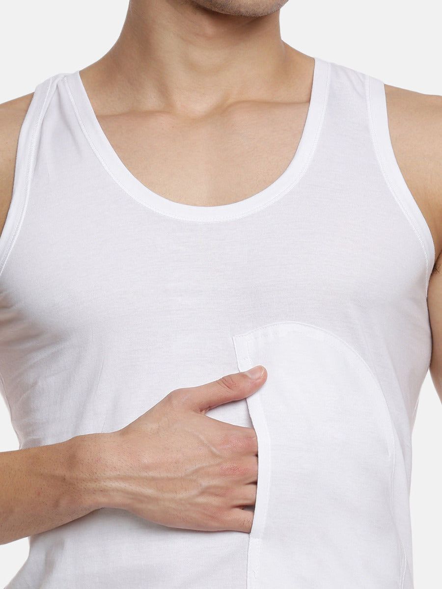 Men 100% Combed Cotton White Pocket Vest Rn Sukra (PACK Of 2) image 4