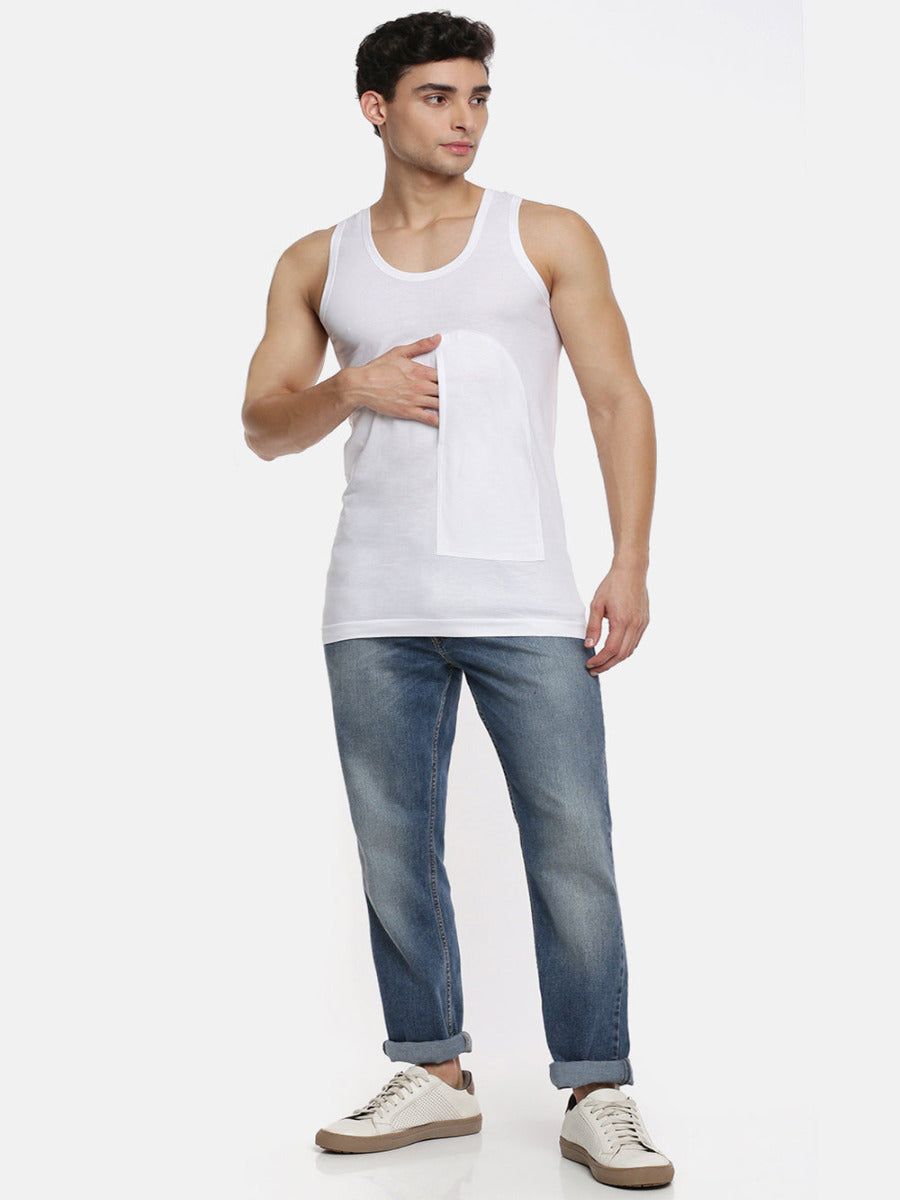 Men 100% Combed Cotton White Pocket Vest Rn Sukra (PACK Of 2) image 5