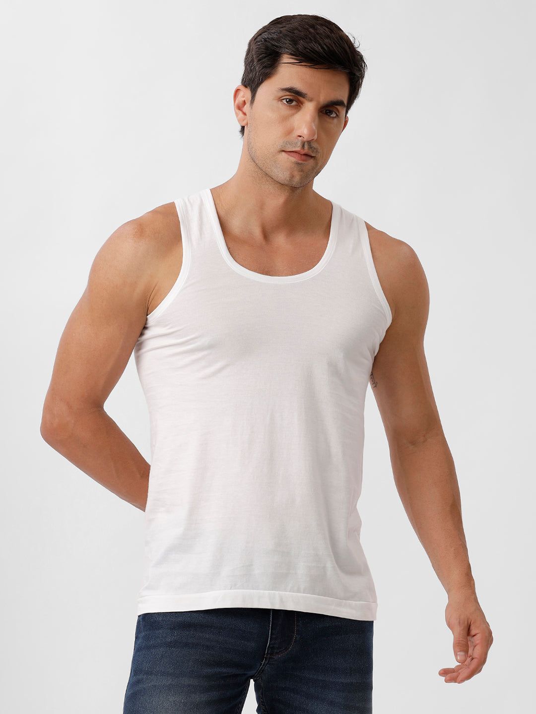 Men 100% Combed Cotton White Vest Rn Sukra (PACK Of 2)