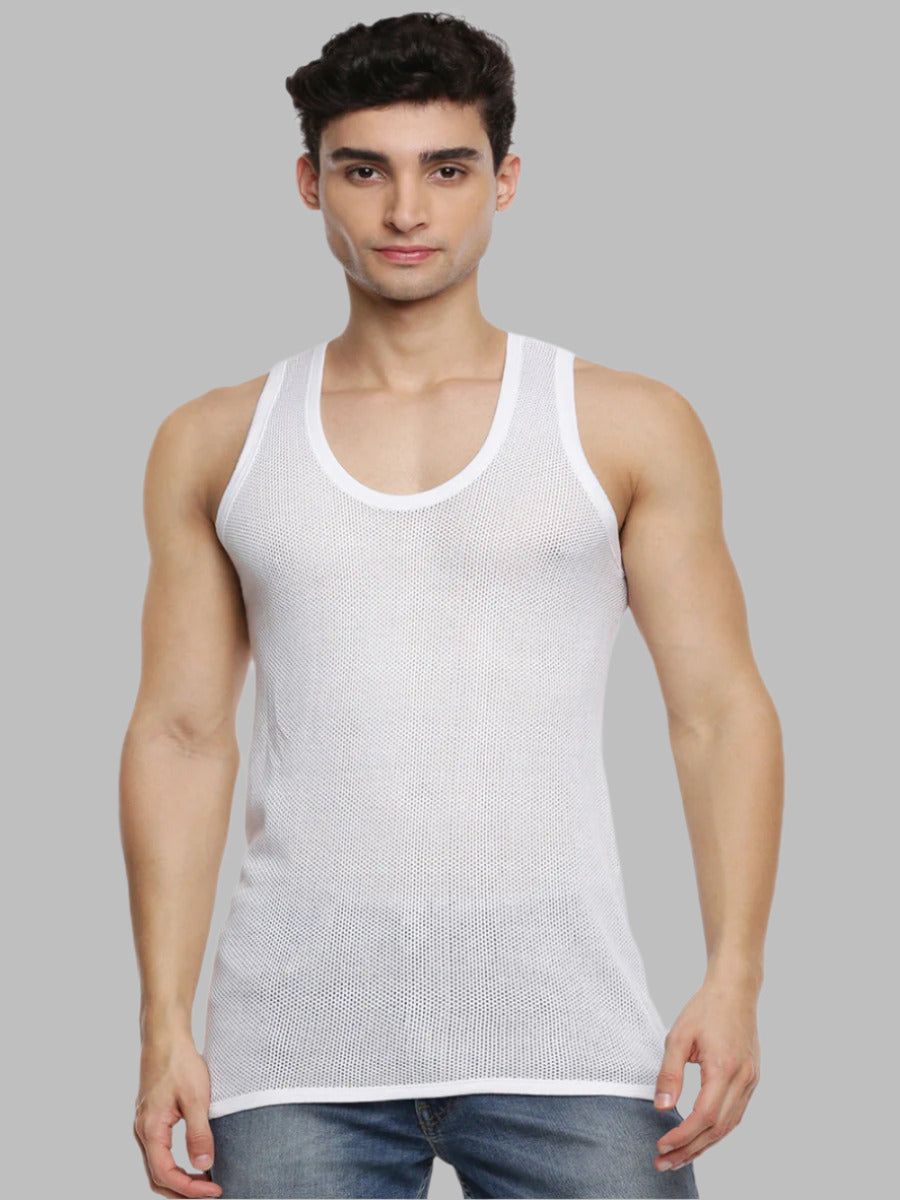Men 100% Combed Cotton White Netted Vest Breeze Rn (PACK Of 2)