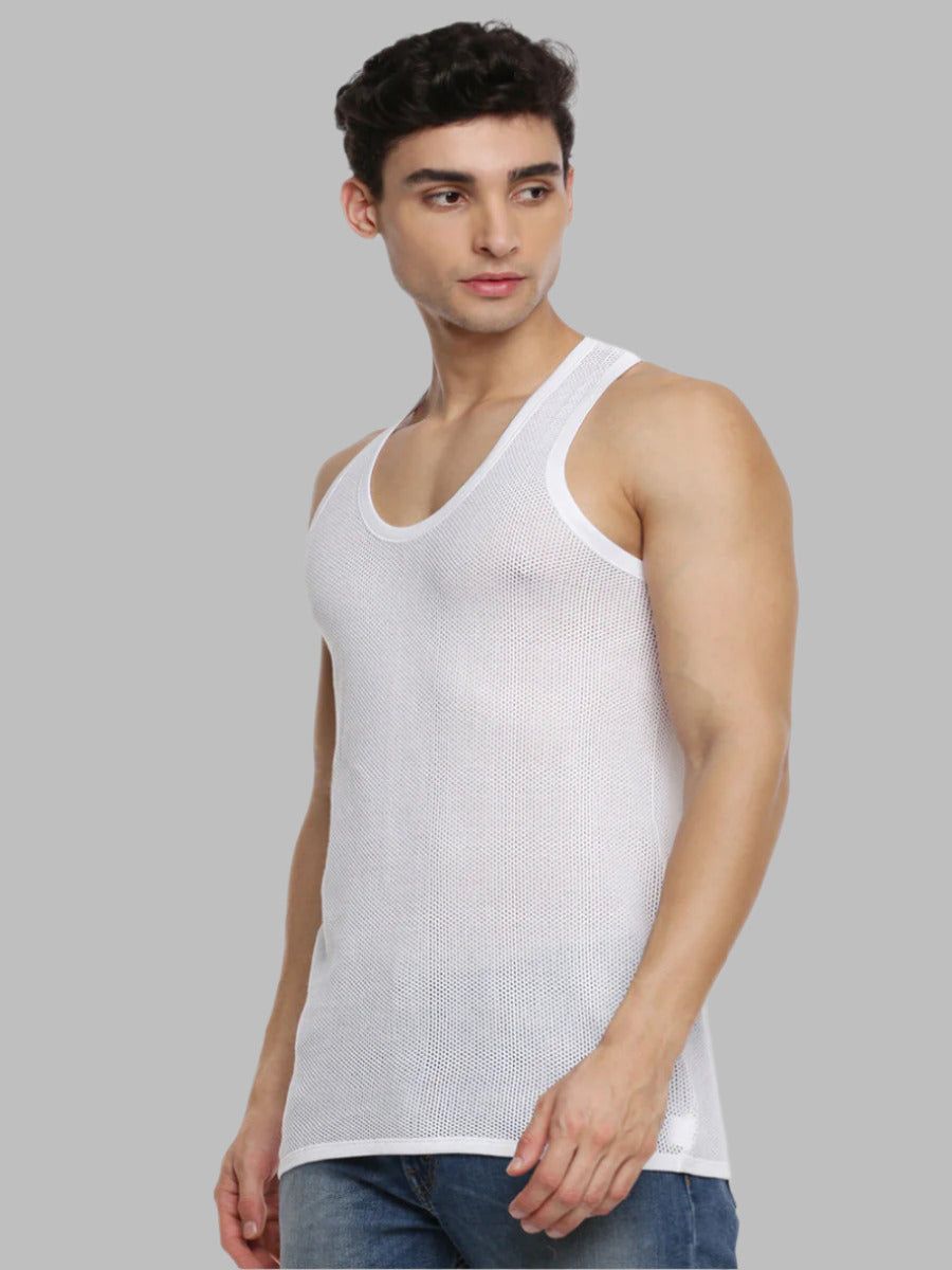 Men 100% Combed Cotton White Netted Vest Breeze Rn (PACK Of 2) image 2