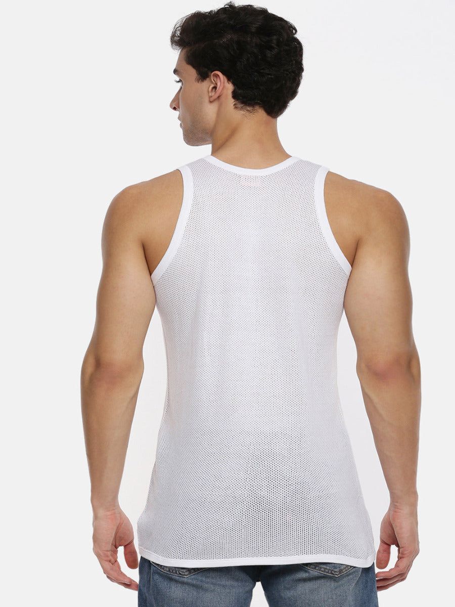 Men 100% Combed Cotton White Netted Vest Breeze Rn (PACK Of 2) image 3