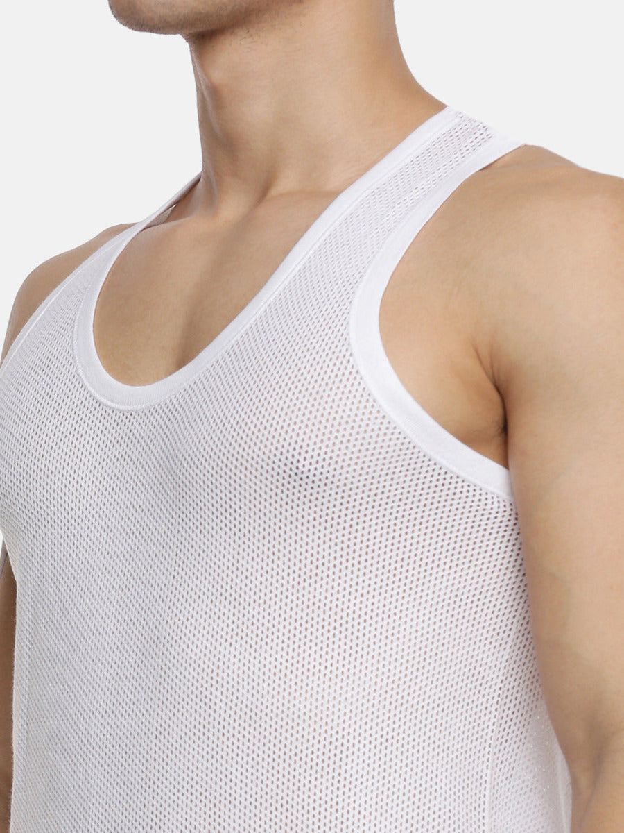Men 100% Combed Cotton White Netted Vest Breeze Rn (PACK Of 2) image 4