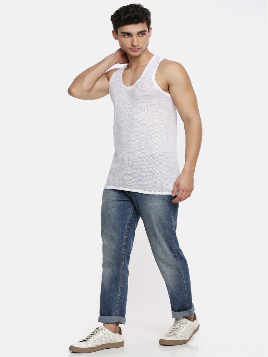 Men 100% Combed Cotton White Netted Vest Breeze Rn (PACK Of 2) image 5