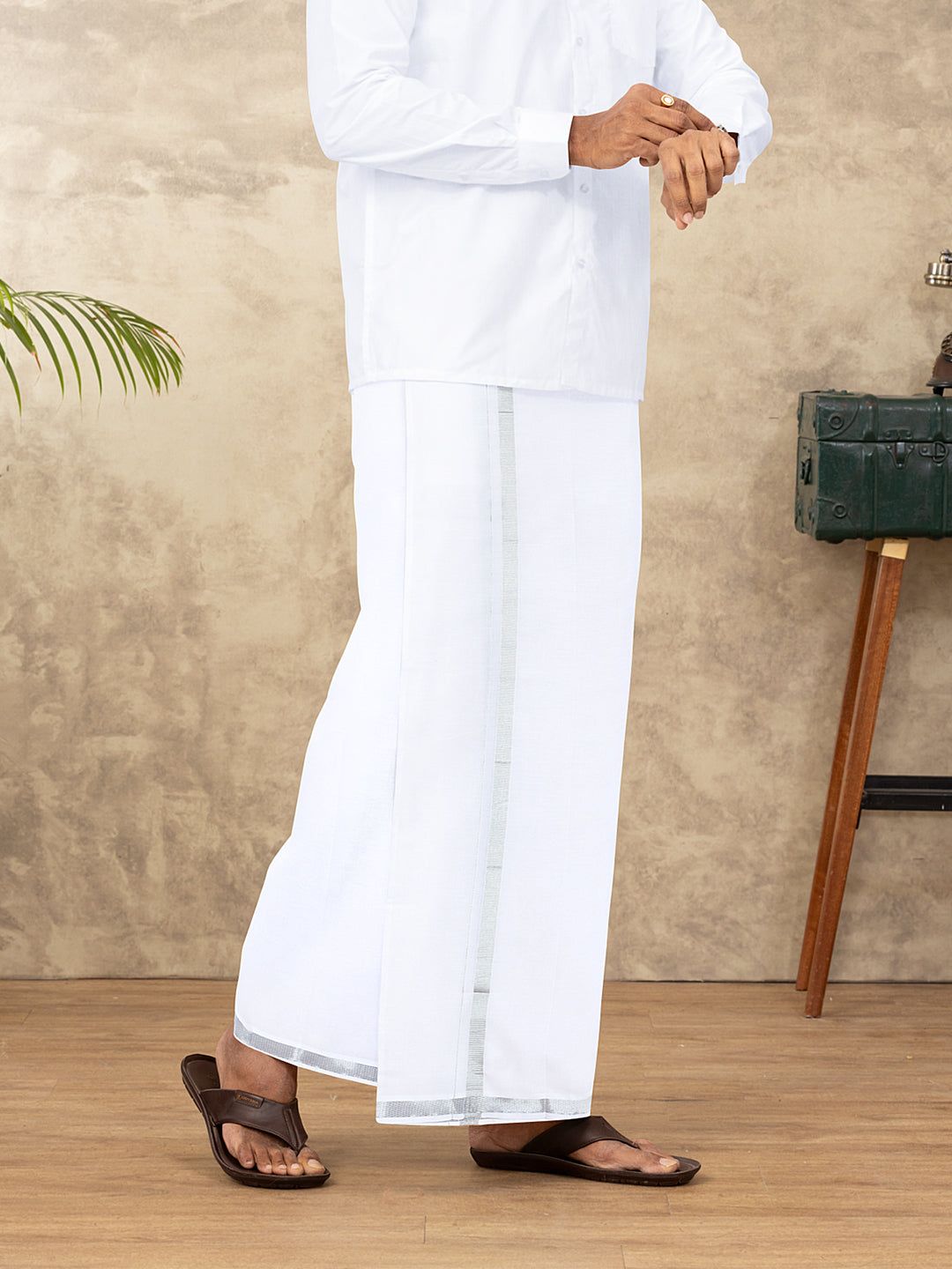 Men Cotton Blend Single Layer White Dhoti With 3/4" Silver Jari Border Jupiter