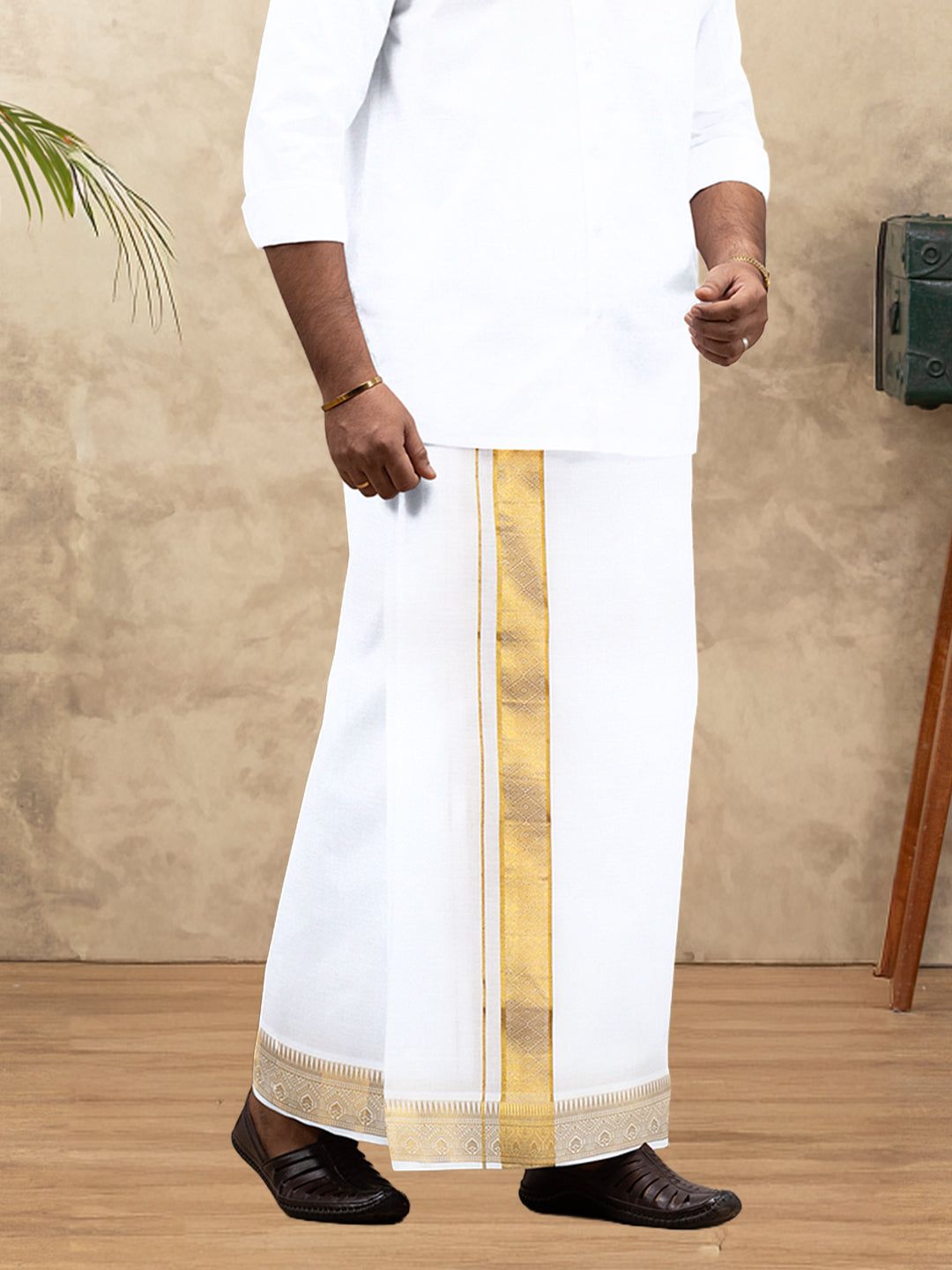 Men 100% Cotton Single Layer White Dhoti With Gold Jari Border Aura 351