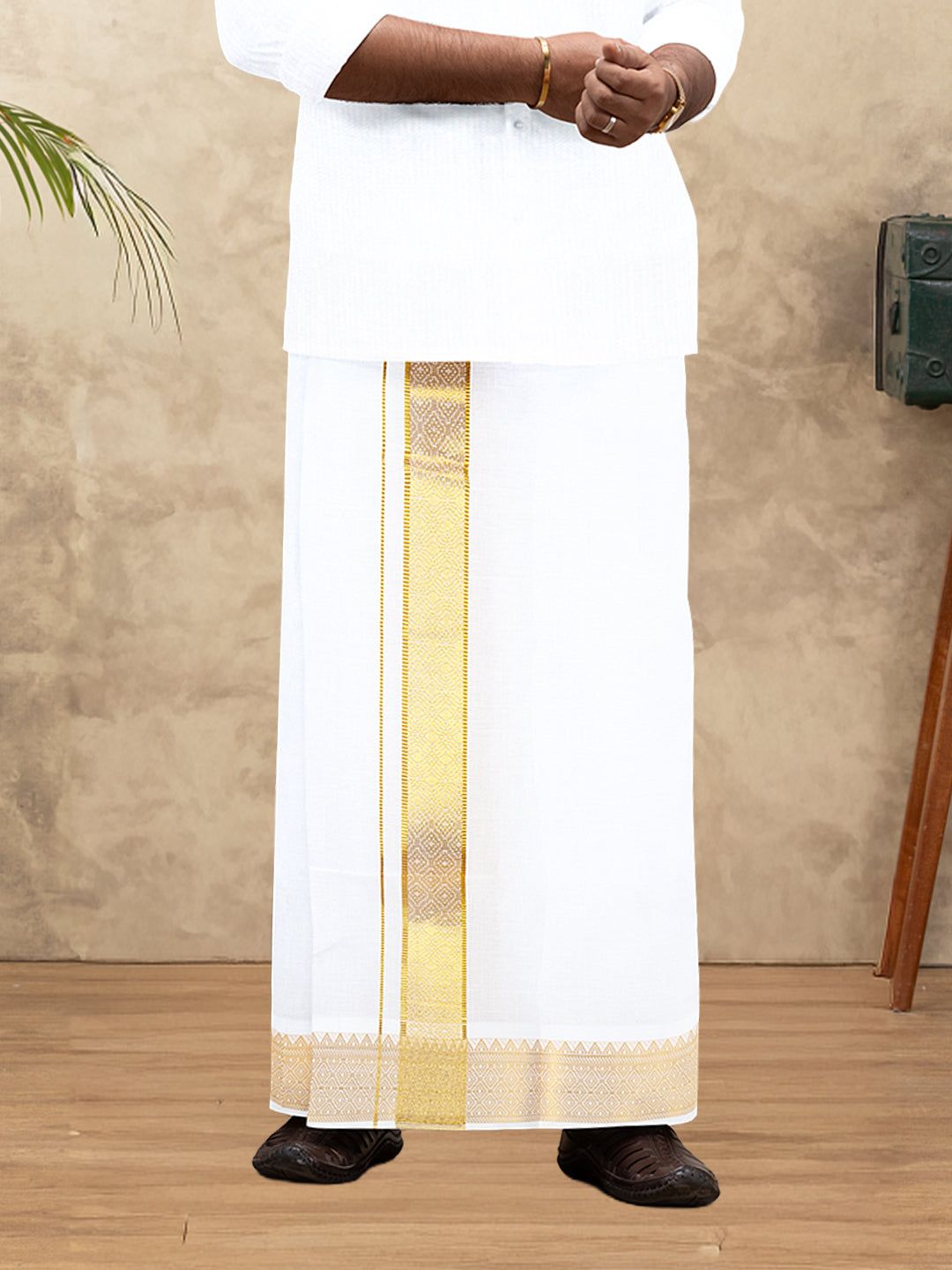 Men 100% Cotton Single Layer White Dhoti With Gold Jari Border Aura 306
