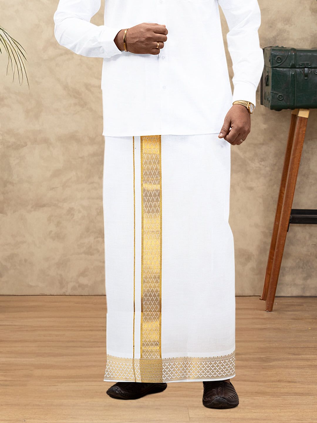 Men 100% Cotton Single Layer White Dhoti With Gold Jari Border Aura 363