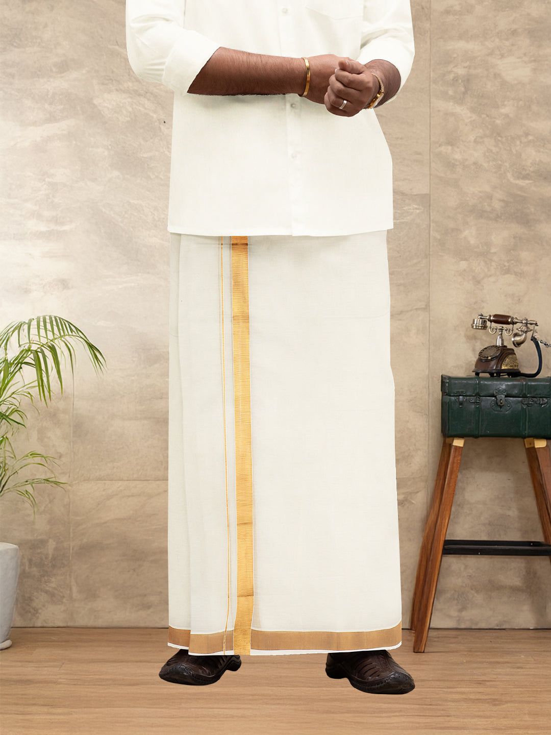 Men Kora Cotton Double Layer Cream Dhoti With 1 1/2"INCH Gold Jari Border Mangal