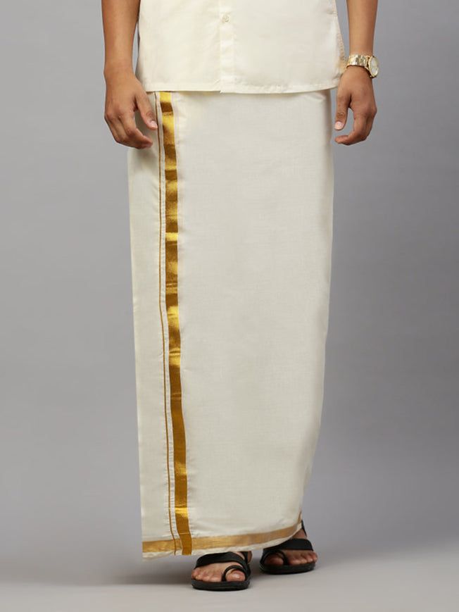 Men Kora Cotton Double Layer Cream Dhoti With 1"INCH Gold Jari Border Mangal