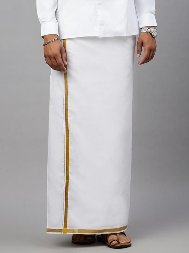 Men Cotton Blend Single Layer White Dhoti With 3/4" Jari Border Gold River