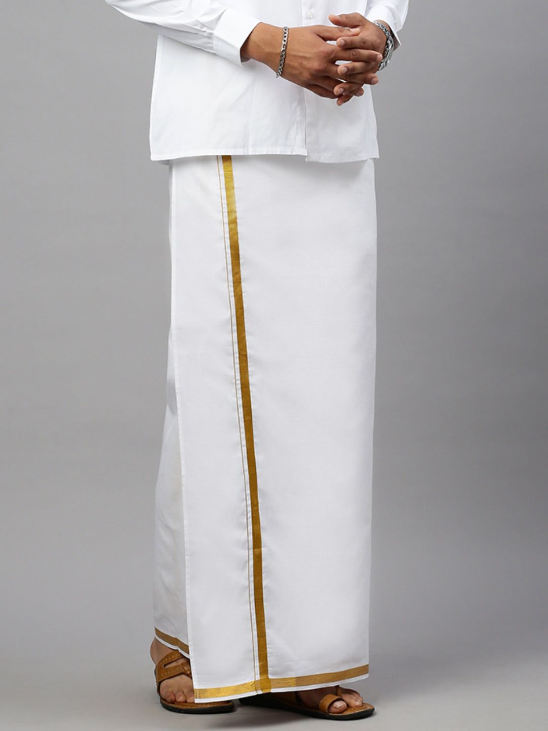 Men Cotton Blend Single Layer White Dhoti With 1/2" Jari Border Gold River