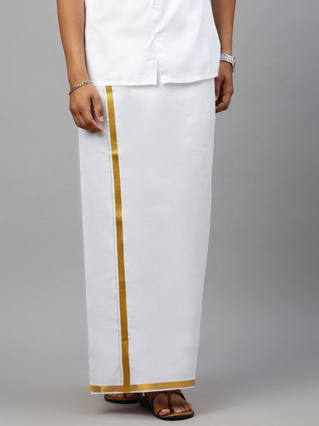 Men Cotton Blend Readymade Single Layer White Dhoti With Gold Jari Border