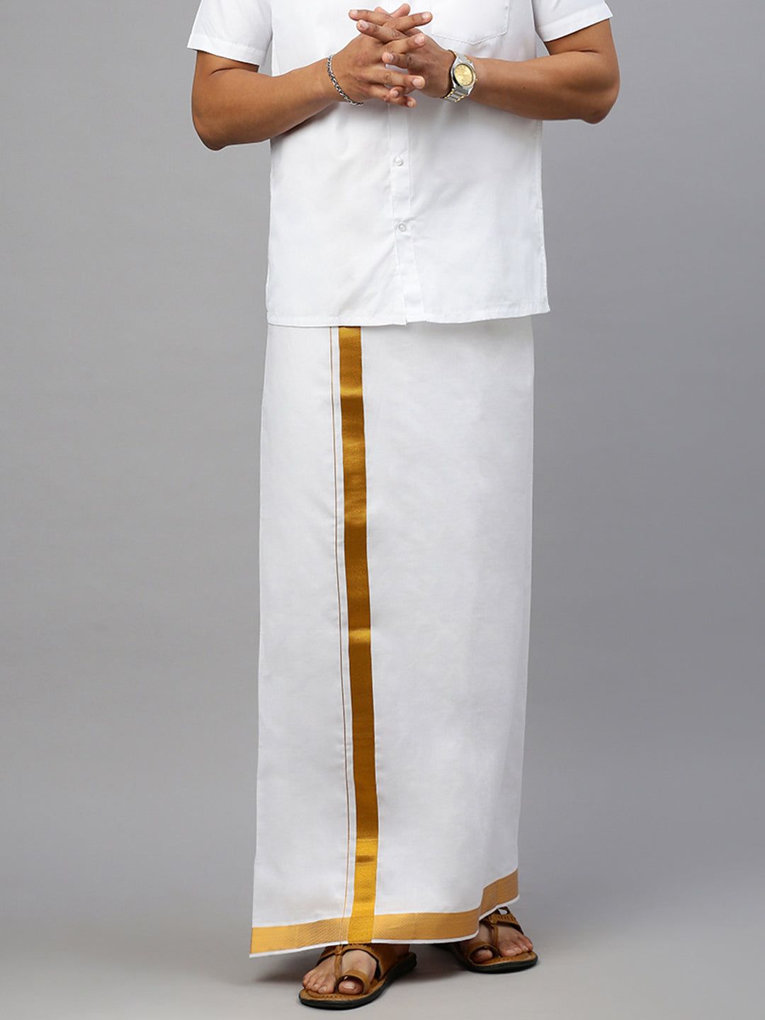 Men 100% Cotton Double Layer White Dhoti With 1 1/4" Gold Jari Border Vetha