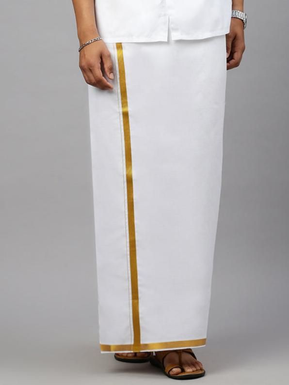 Men 100% Cotton Single Layer White Dhoti With 1" Gold Jari Border Aruthra