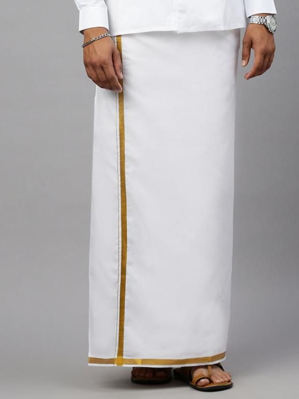 Men Cotton Blend Single Layer White Dhoti With 1/2" Jari Border Gold Tree