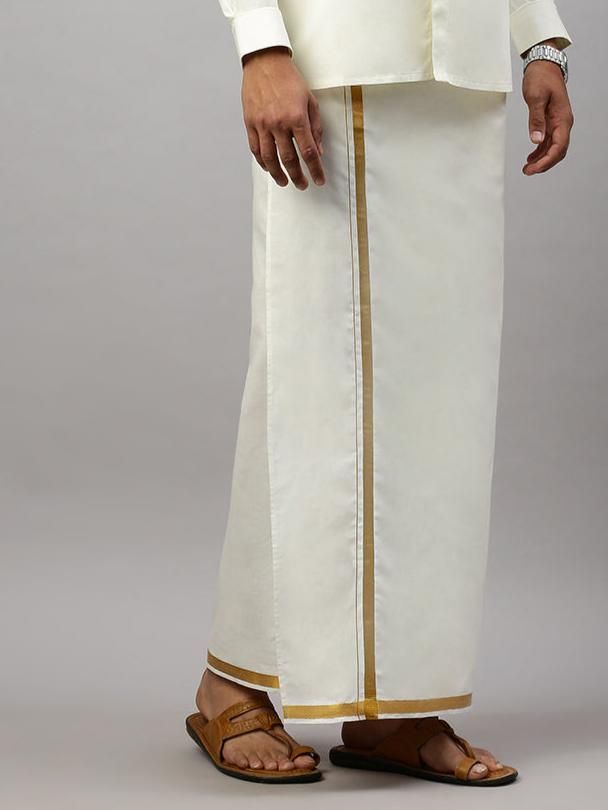 Men 100% Cotton Single Layer Cream Dhoti With 3/4" Gold Jari Border Galaxy 190J