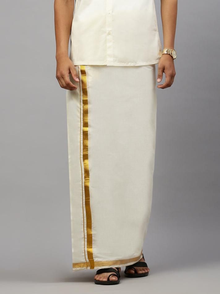 Men Cotton Blend Double Layer Cream Dhoti With 1" Gold Jari Border Golden Mark