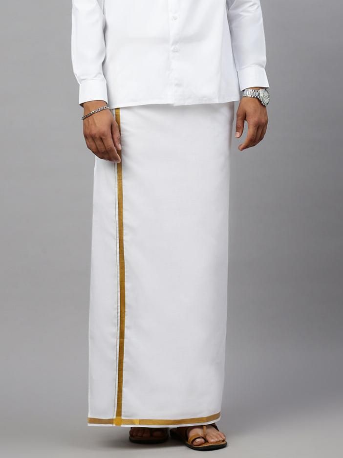 Men Cotton Blend Double Layer White Dhoti With 3/4" Gold Jari Border Goldsmith