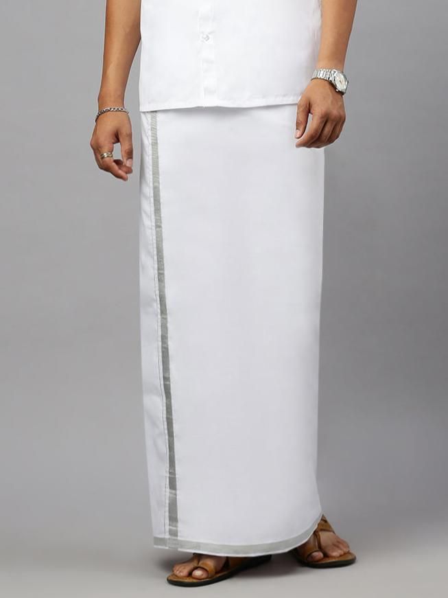 Men Cotton Blend Double Layer White Dhoti With Silver Jari Border Statesman
