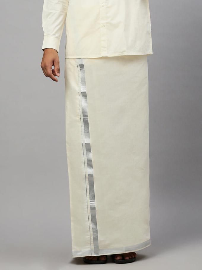 Men Kora Cotton Double Layer Dhoti With 1" Jari Border Silver Mark