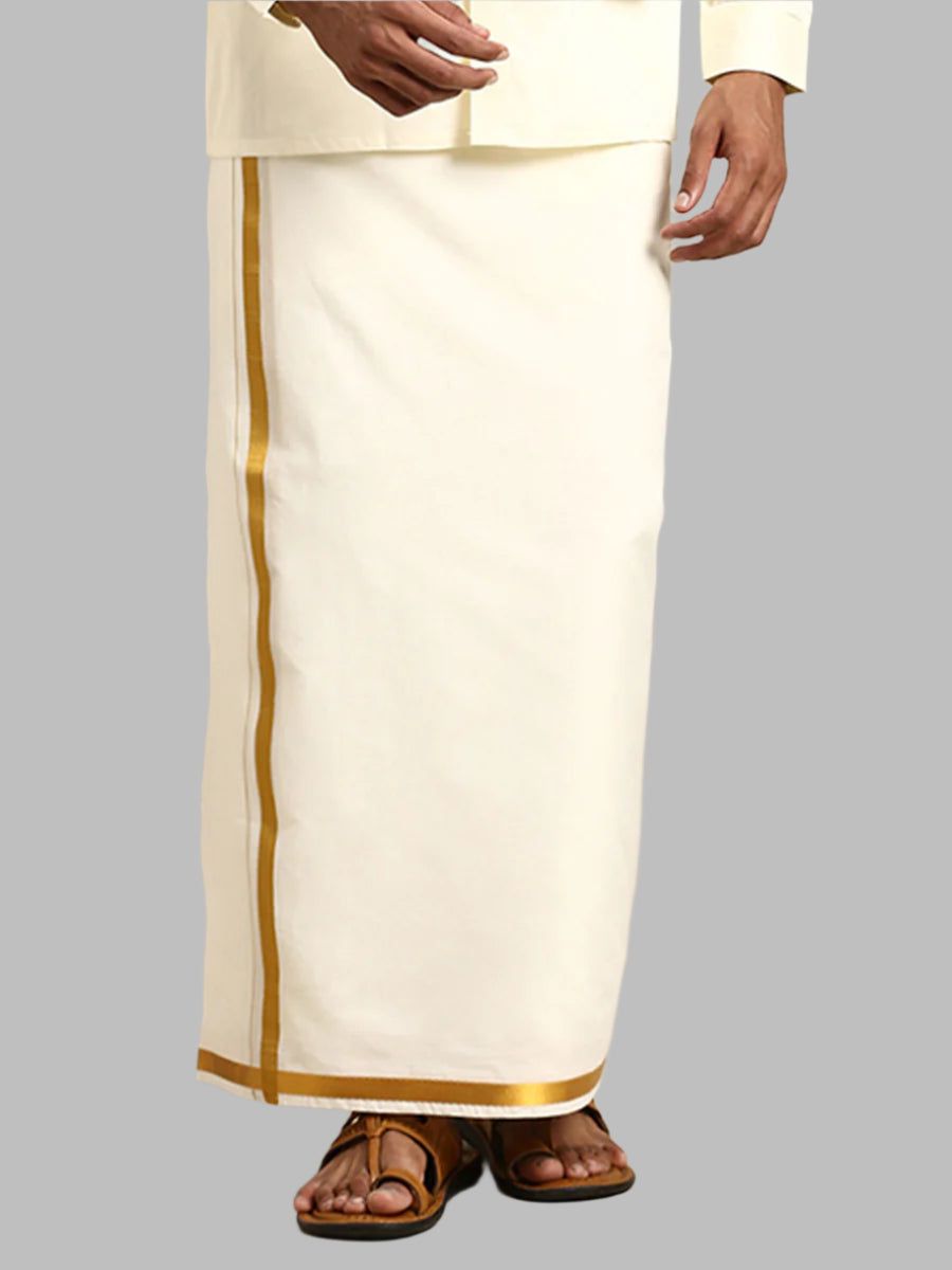 Men Cotton Blend Single Layer Cream Dhoti With 3/4" Gold Jari Border Silver Sun