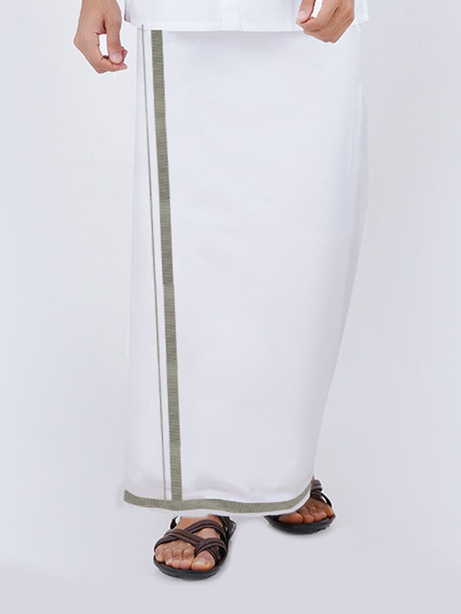 Men Cotton Blend Single Layer White Dhoti With 3/4" Silver Jari Border Silvertone