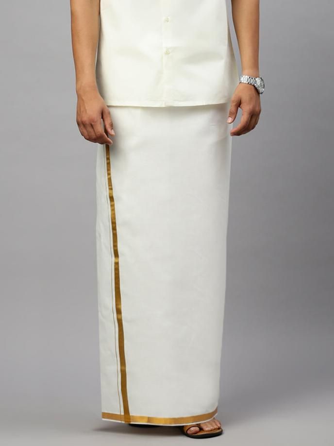 Men Cotton Blend Double Layer Cream Dhoti With 3/4" Jari Border Gold Leaf
