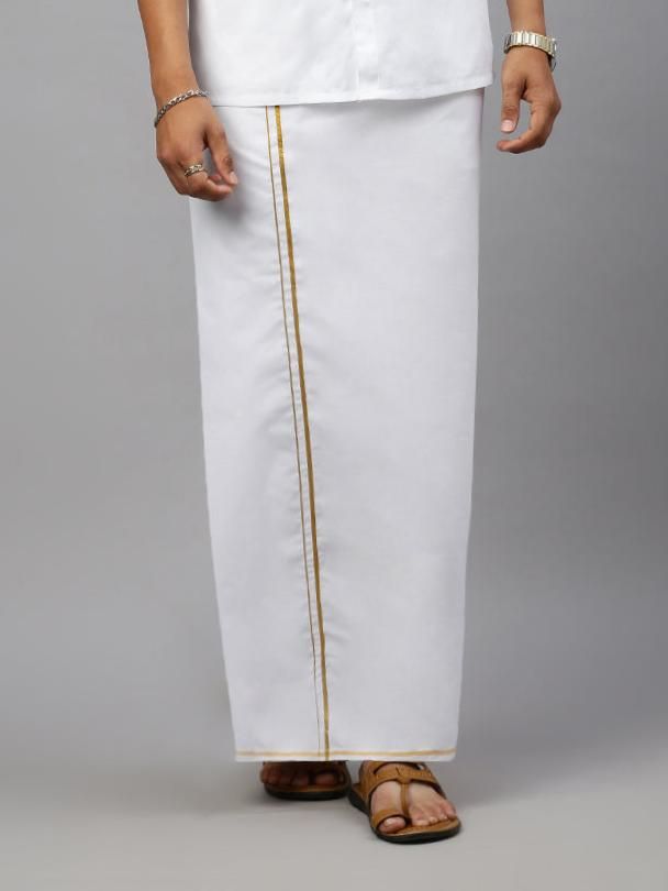 Men 100% Cotton Single Layer White Dhoti With Gold Jari Border Riktha