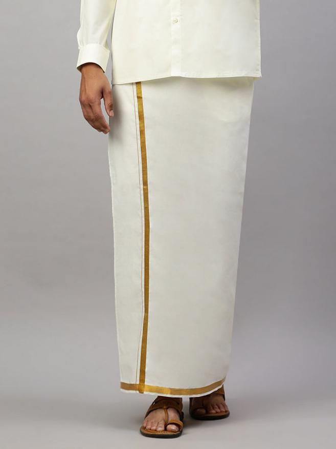 Men 100% Cotton Single Layer Cream Dhoti With 1/2" Gold Jari Border Maestro