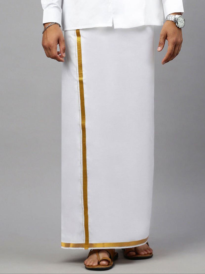 Men Cotton Blend Double Layer White Dhoti With 3/4" Jari Border Gold Twix