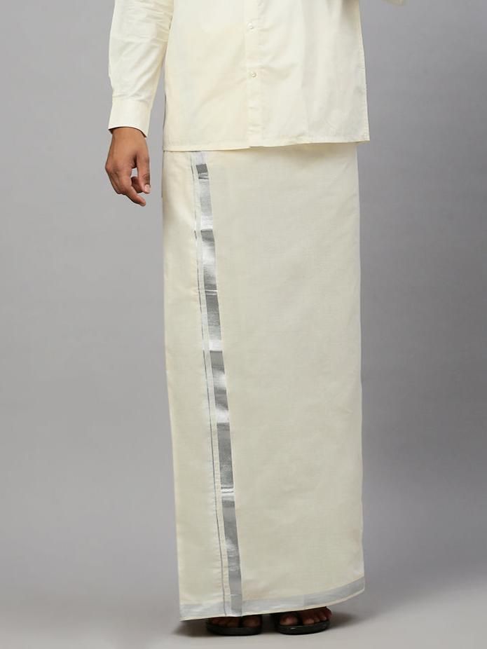 Men Kora Cotton Double Layer Dhoti With 1 1/2" Jari Border Silver Rose