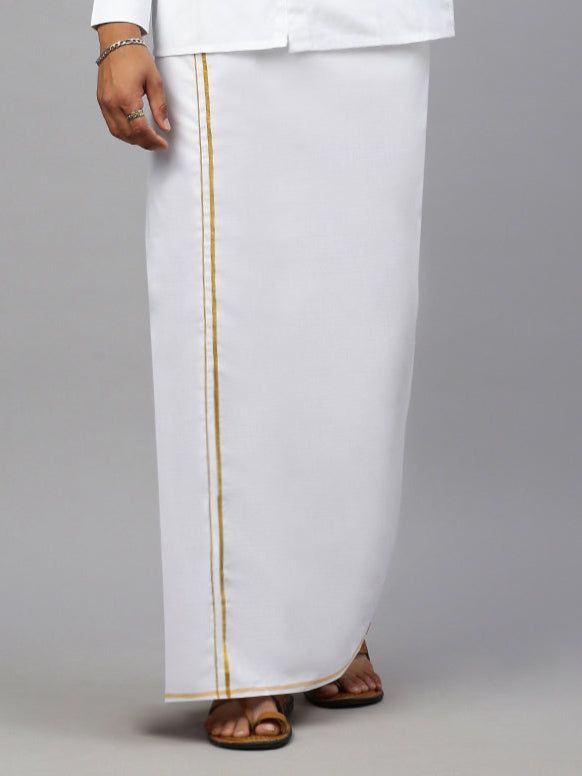 Men 100% Cotton Single Layer White Dhoti With 1/4" Gold Jari Border Aruthra