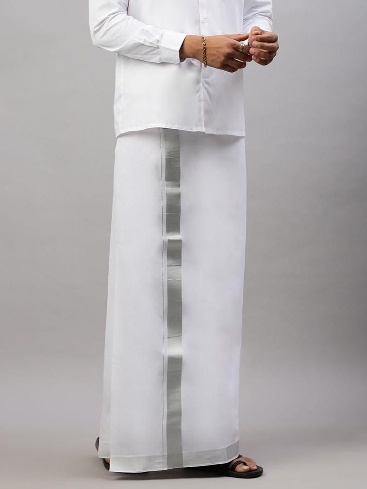 Men 100% Cotton Single Layer White Dhoti With 1 1/2" Silver Jari Border Shringar