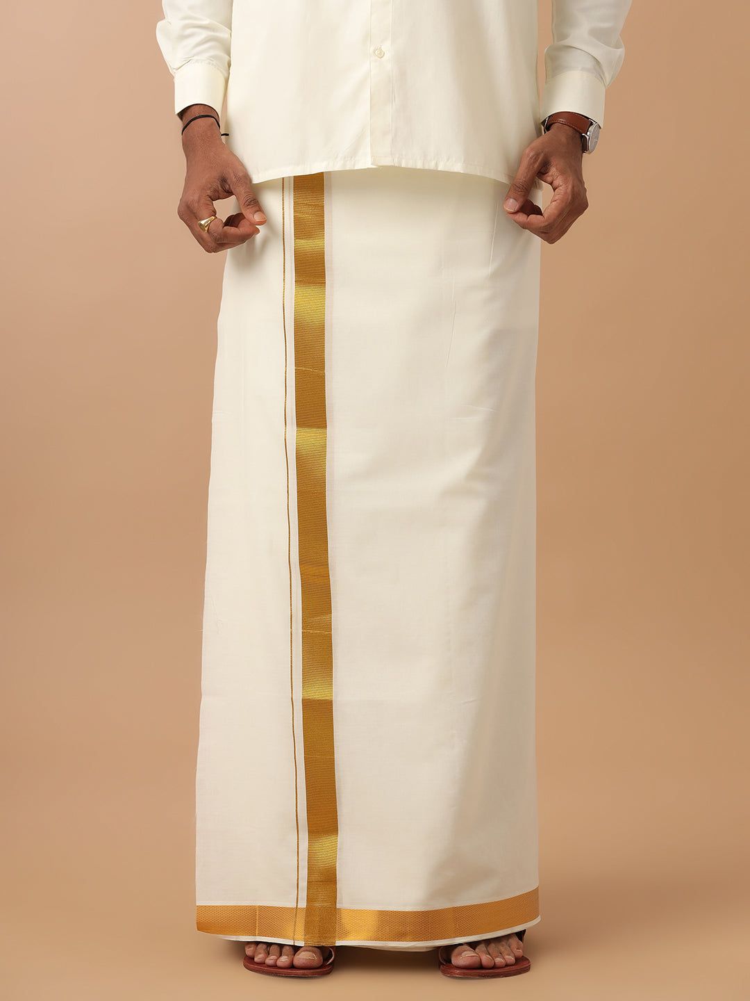 Men 100% Cotton Single Layer Cream Dhoti With 1 1/2" Gold Jari Border Career