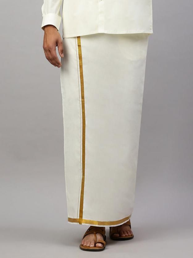 Men 100% Cotton Single Layer Cream Dhoti With 1" Gold Jari Border Career