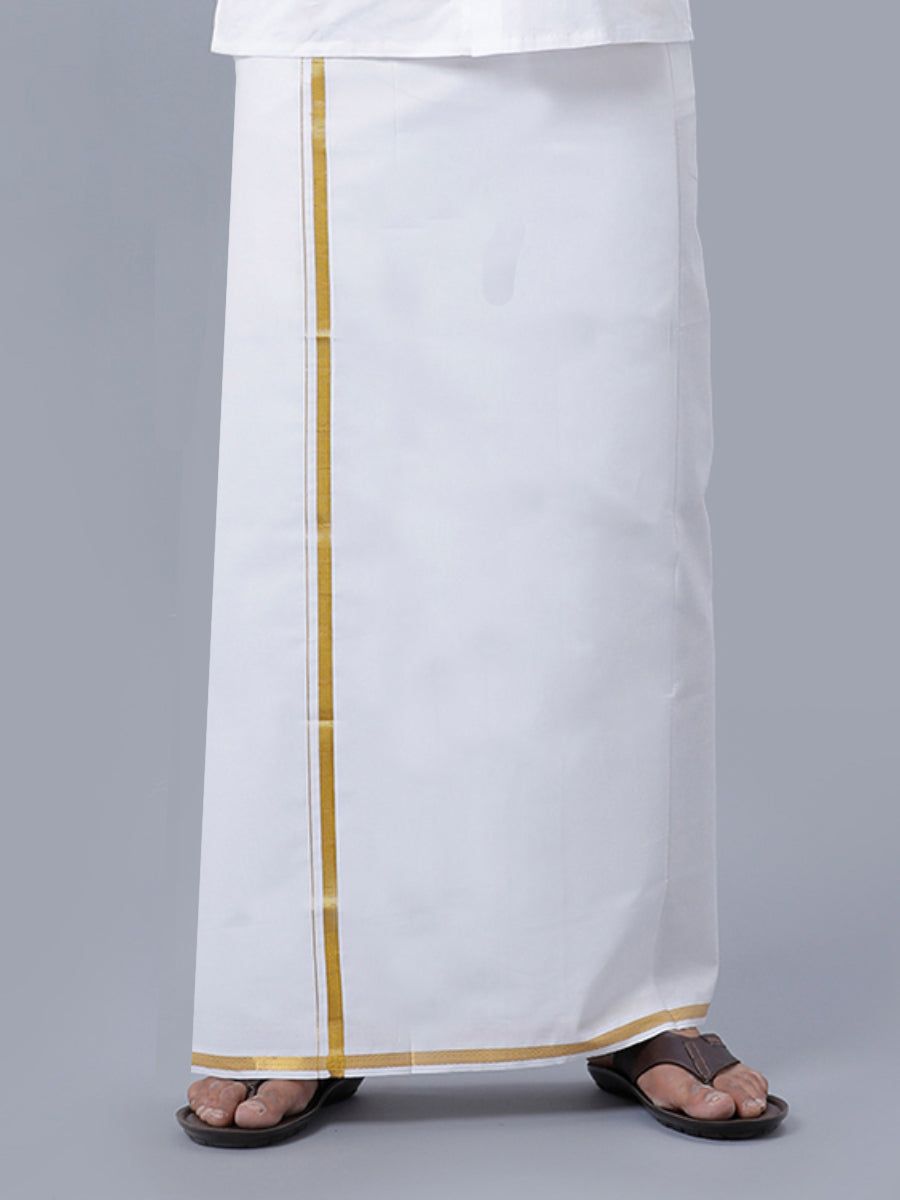 Men 100% Cotton Double Layer Dhoti White With 1/2"GOLD Jari Border Good Will
