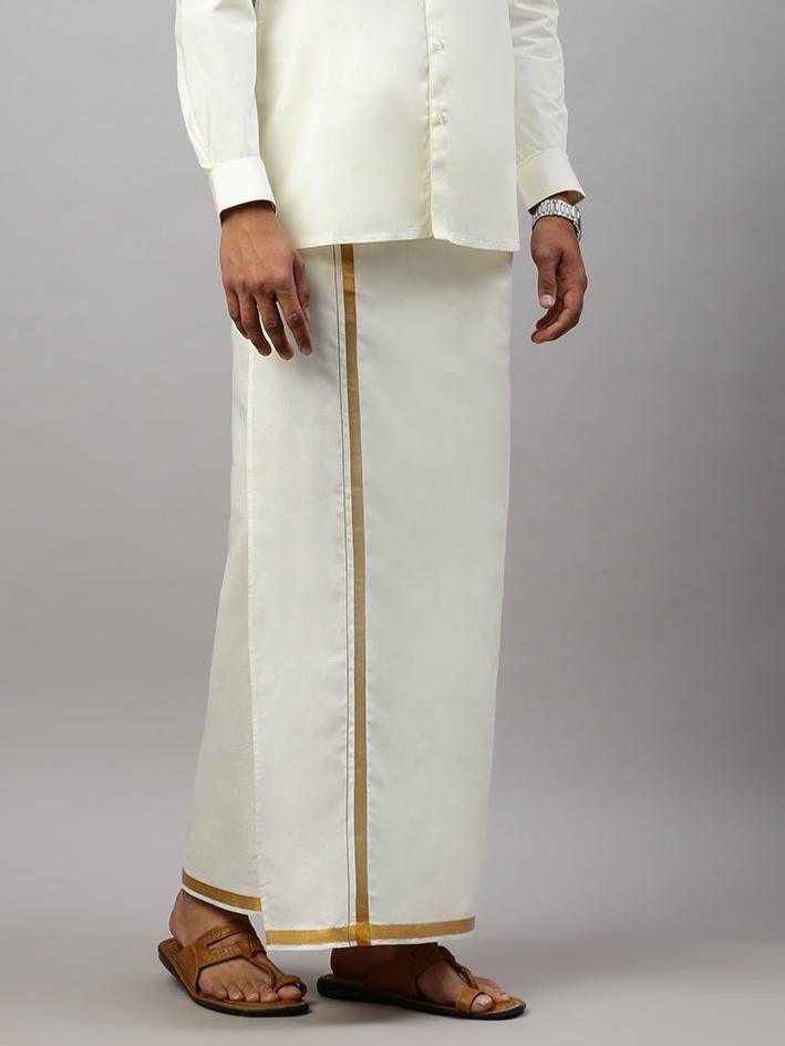 Men 100% Cotton Single Layer Cream Dhoti With 1/2" Gold Jari Border Career